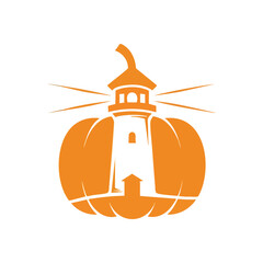 Festive Pumpkin Lighthouse Autumn Symbol. This whimsical orange gourd features a beacon tower design, ideal for seasonal celebrations. It represents guiding light and harvest themes.