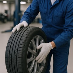 Professional mechanic inspecting installing new car tire with wheel in automotive workshop.