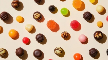Assorted colorful candies and chocolates arranged on a light beige background