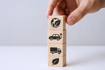 Hand stacking wooden blocks with eco icons representing sustainability and transportation.