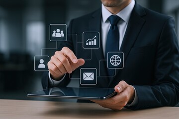 Business professional using digital tablet with holographic data icons and financial charts.