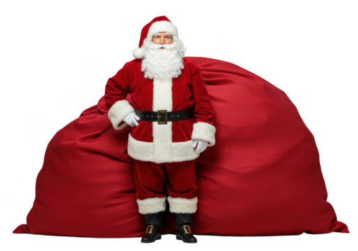 Santa claus stands with a large red sack full of gifts, isolated on transparent background