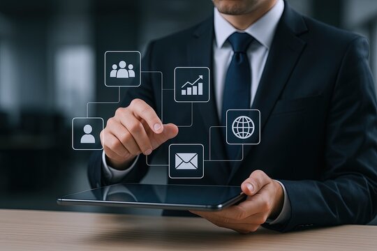 Business professional using digital tablet with holographic data icons and financial charts.