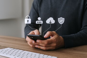 Person Using Smartphone with Digital Security and Cloud Storage Icons Overlaid.