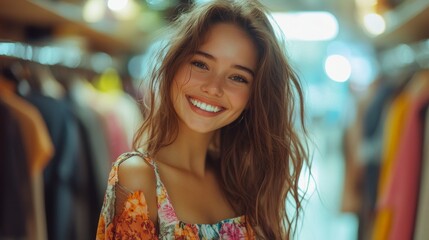 Woman with long hair wearing bright floral print dress, smiling in a room with blurred background. Used for fashion and lifestyle advertising.