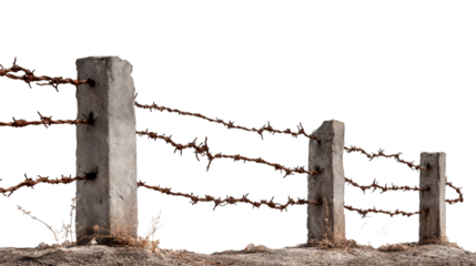 Rusty barbed wire fence concrete posts bleak landscape