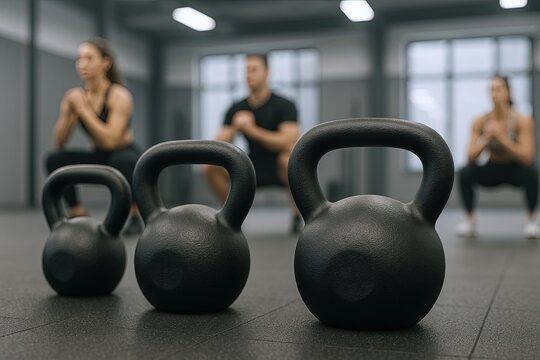 Three black kettlebells placed on gym floor with group workout in background.