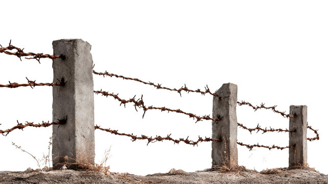 Rusty barbed wire fence concrete posts bleak landscape - Powered by Adobe