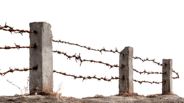 Rusty barbed wire fence concrete posts bleak landscape