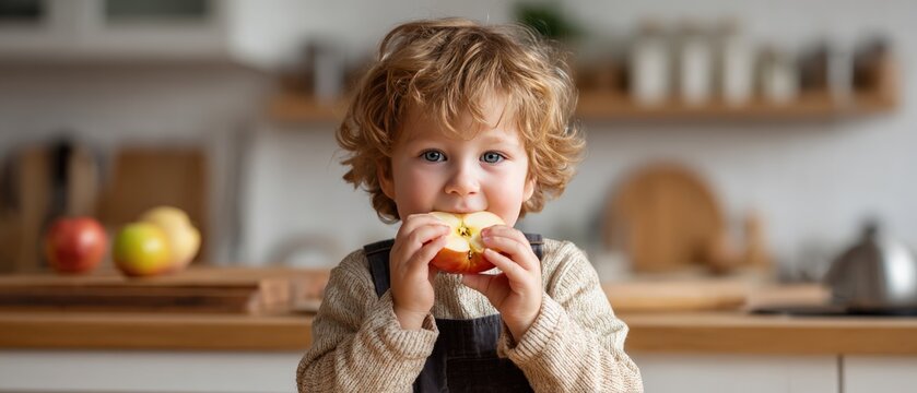 Cute preschooler boy biting fresh apple slice sitting in modern bright kitchen. Healthy eating habits parenting lifestyle concept. Healthy nutrition parenting concept for childhood wellness education.