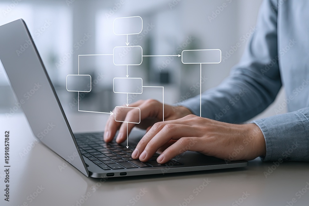 Poster business person using laptop with digital flowchart and network connections on screen.
