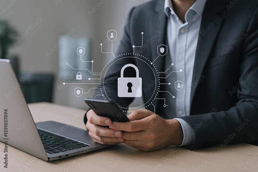 Poster businessman using mobile phone with digital lock and security icons in office setting.