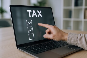 Person Using Laptop for Tax Filing and Financial Documentation in Modern Office Environment.