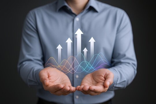 Business person holding holographic digital growth arrows and charts representing success.