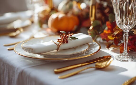 Elegant thanksgiving table setting with gold cutlery and fall decorations luxury dining concept sophisticated styling suitable for high-end restaurant marketing. Luxury thanksgiving table setting.