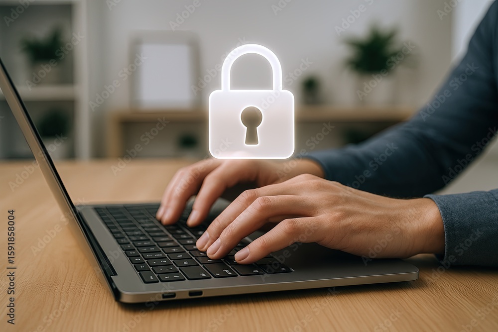 Poster hands typing on a laptop with a glowing padlock symbol representing cybersecurity and data protectio
