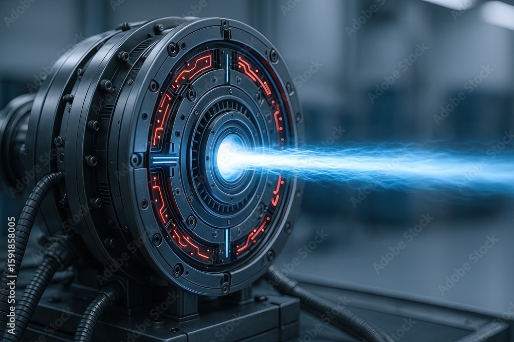 Poster advanced futuristic energy device with glowing light and high-tech circular design.
