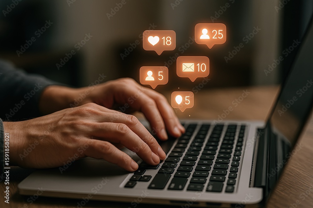 Aufkleber hands typing on laptop keyboard with floating social media icons and notifications.