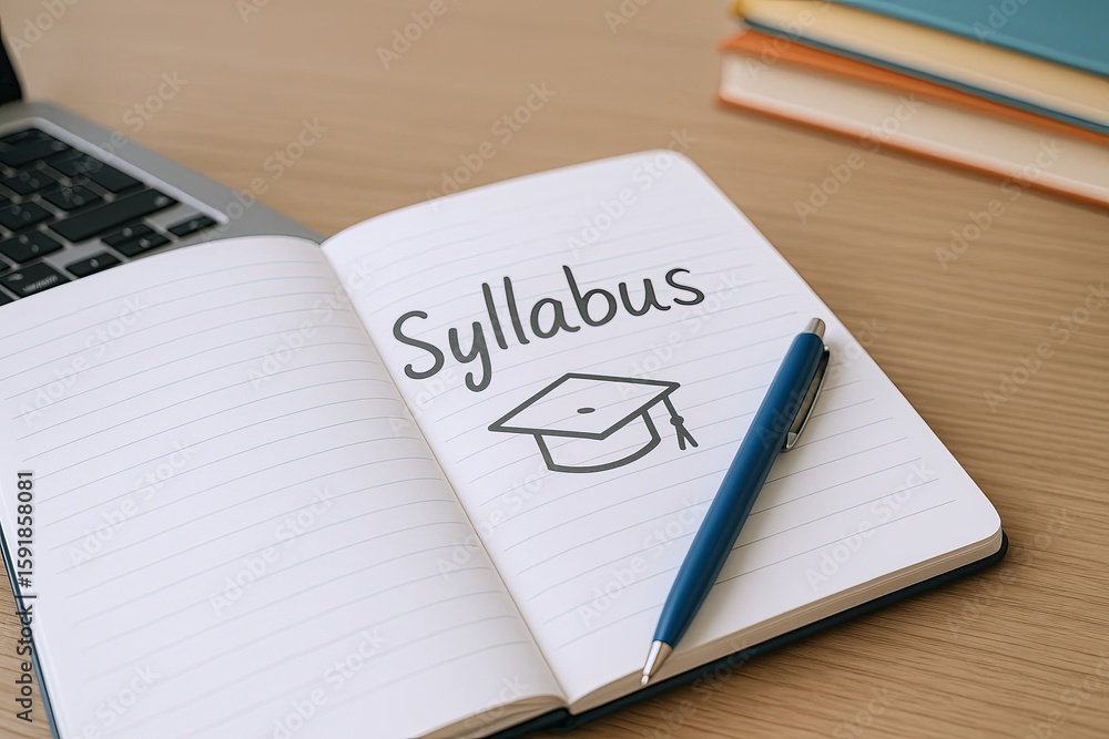 Poster open notebook with the word syllabus written and a graduation cap illustration on the page.