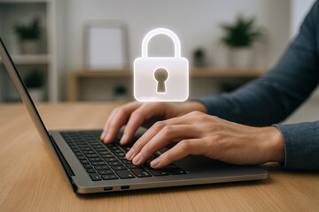 Hands typing on a laptop with a glowing padlock symbol representing cybersecurity and data protection.