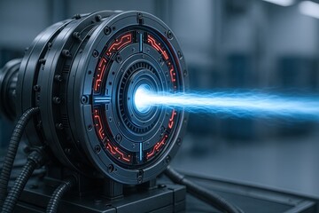 Obraz premium Advanced futuristic energy device with glowing light and high-tech circular design.