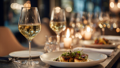Elegant Wine Glass Filled with White Wine on Table.