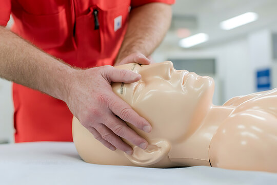 CPR training on a manikin: Hands compress the chest of a CPR dummy, demonstrating life-saving techniques in a medical training environment.