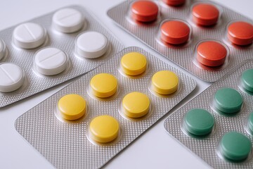Close-up of assorted colorful pharmaceutical pills and tablets in blister packs.