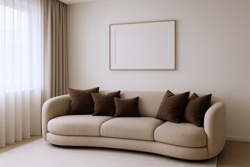 Elegant modern living room interior with beige sofa and decorative cushions.