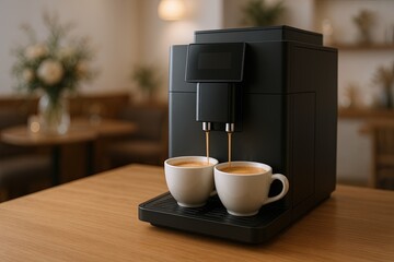 Modern black coffee machine brewing two cups of fresh hot coffee on wooden table.