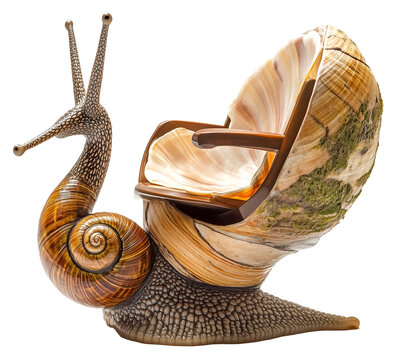Whimsical snail shaped chair crafted with intricate sea shell patterns and earthy tones, blending nature inspired design with functional art. chair unique form adds playful touch to any, isolated
