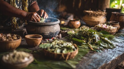 Traditional indigenous food preparation using ancestral cooking methods and natural ingredients, showcasing cultural cuisine and perfect for culinary education, sustainability, and heritage marketing.