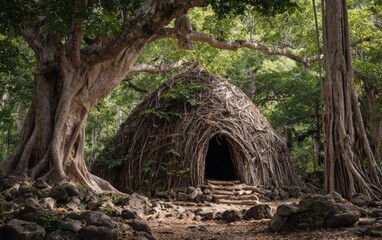 Traditional indigenous dwelling surrounded by untouched natural landscape. Ancestral architecture and sustainable living practices, perfect for anthropological education and cultural heritage visuals.