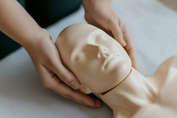 Close-up shot of hands practicing rescue breathing techniques on a first aid training mannequin, showcasing emergency skills and preparedness.