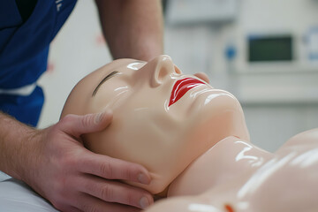 CPR training on a mannequin. Simulation of emergency medical situation in a classroom setting, where healthcare students are educated on resuscitation techniques.