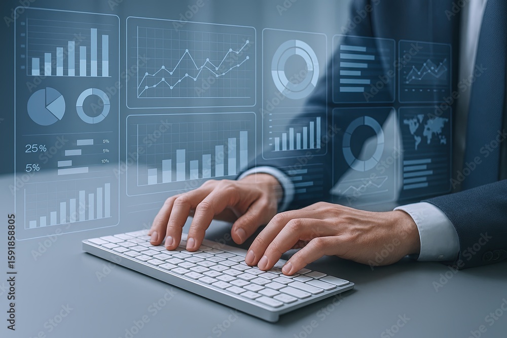 Aufkleber business analytics charts and graphs on transparent screen with person working at desk.