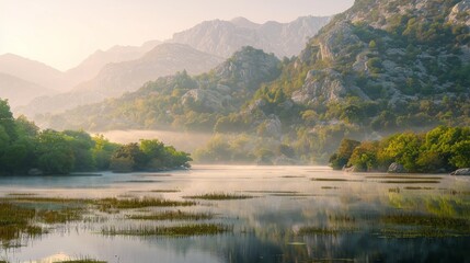 Obraz premium Mountain lake with fog and forest in the background. Useful for nature and tourism themes.