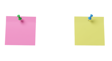 Three blank, square sticky notes: pink with green pin, cyan with red pin, yellow with blue pin, slightly askew on transparent background with copy space, soft studio lighting, top-down view.