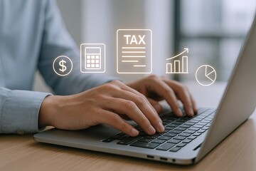 Businesswoman Using Laptop for Financial Planning and Tax Calculations in Office.