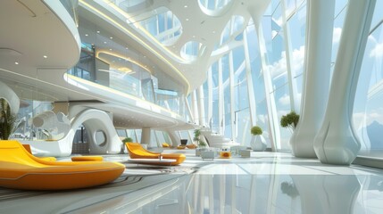 Fototapeta premium Modern interior with white curved elements and brightly colored chairs. Useful for interior design and architectural themes.