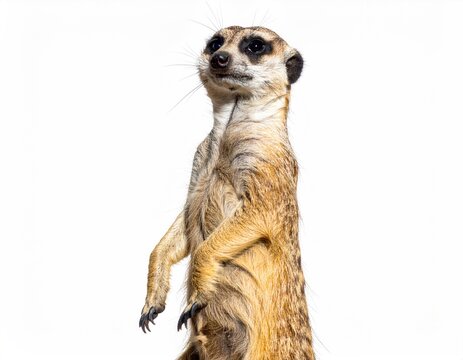 Close-up of a meerkat standing upright against white background