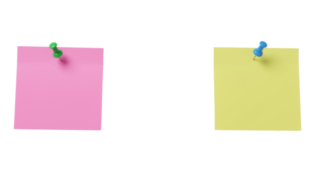 Three blank, square sticky notes: pink with green pin, cyan with red pin, yellow with blue pin, slightly askew on transparent background with copy space, soft studio lighting, top-down view.