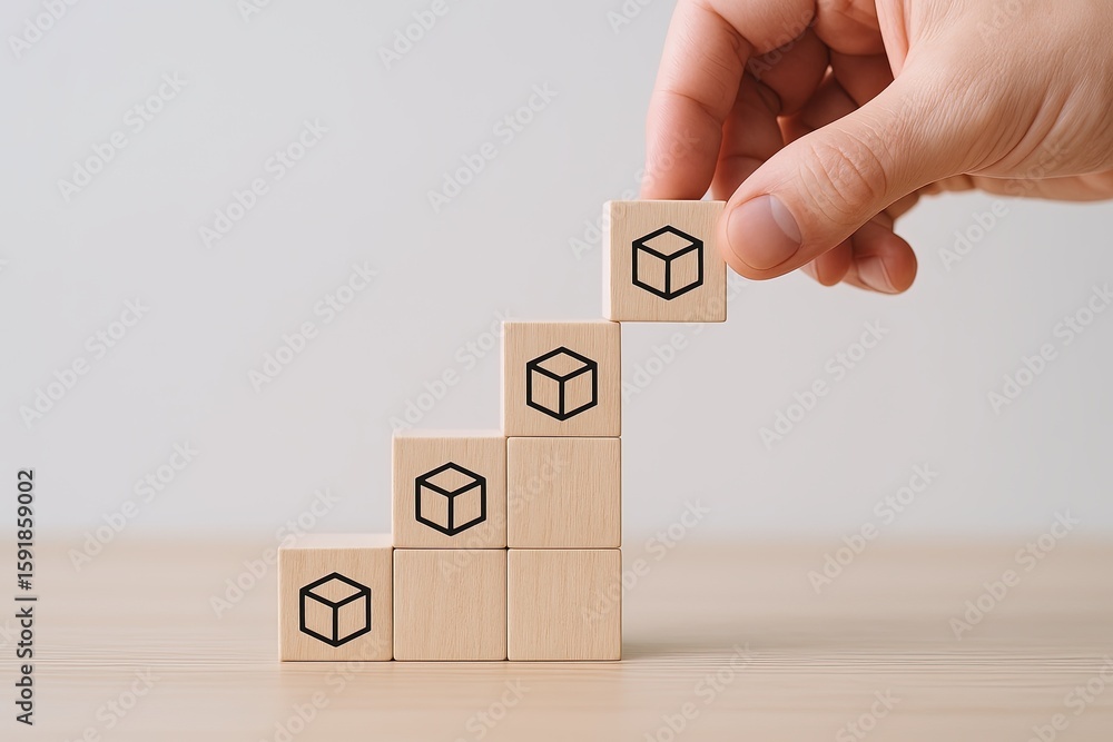 Poster hand placing wooden block with cube icon on top of ascending stacked blocks representing growth.