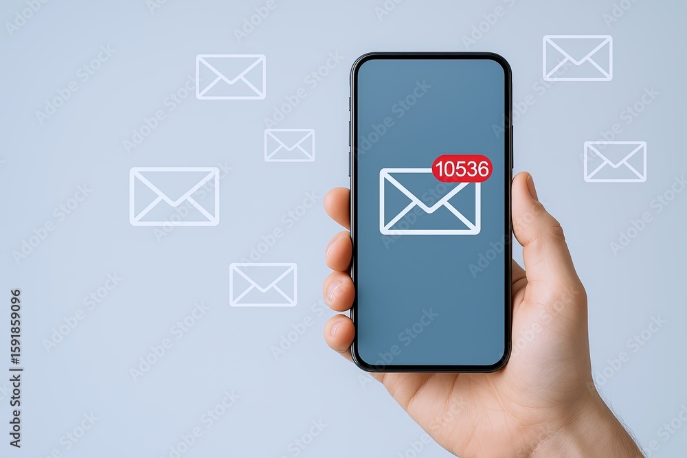 Poster close-up of a hand holding a smartphone with email notification on screen with many email icons back