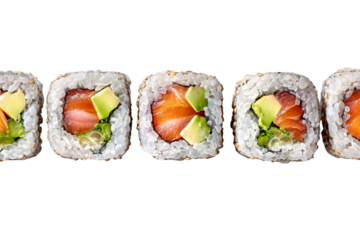 Classic Sushi Rolls with Salmon, Avocado, and Rice in Neat Row, Top-Down View, Transparent Background