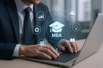 Businessman Using Laptop with Digital MBA Education and Online Learning Icons.