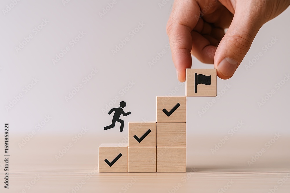 Poster hand placing a wooden block with a flag symbol on top of stacked blocks representing progress.