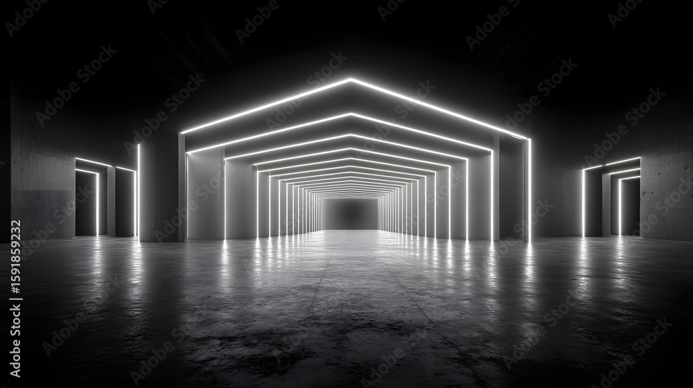 Poster black room with white lights shining through the ceiling. the lights are arranged in a way that crea
