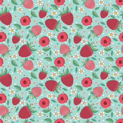 pattern with cute raspberries, white flowers, green leaves on blue background.
