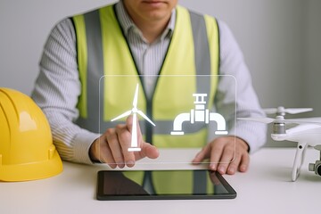 Innovative renewable energy technology concept with wind turbine drone and digital hologram.